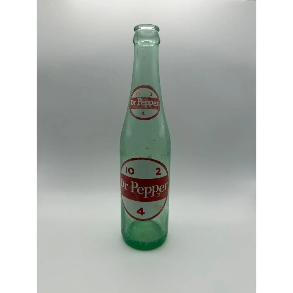 Vintage Dr Pepper Green Glass Collectible Soda Bottle with Red Logo